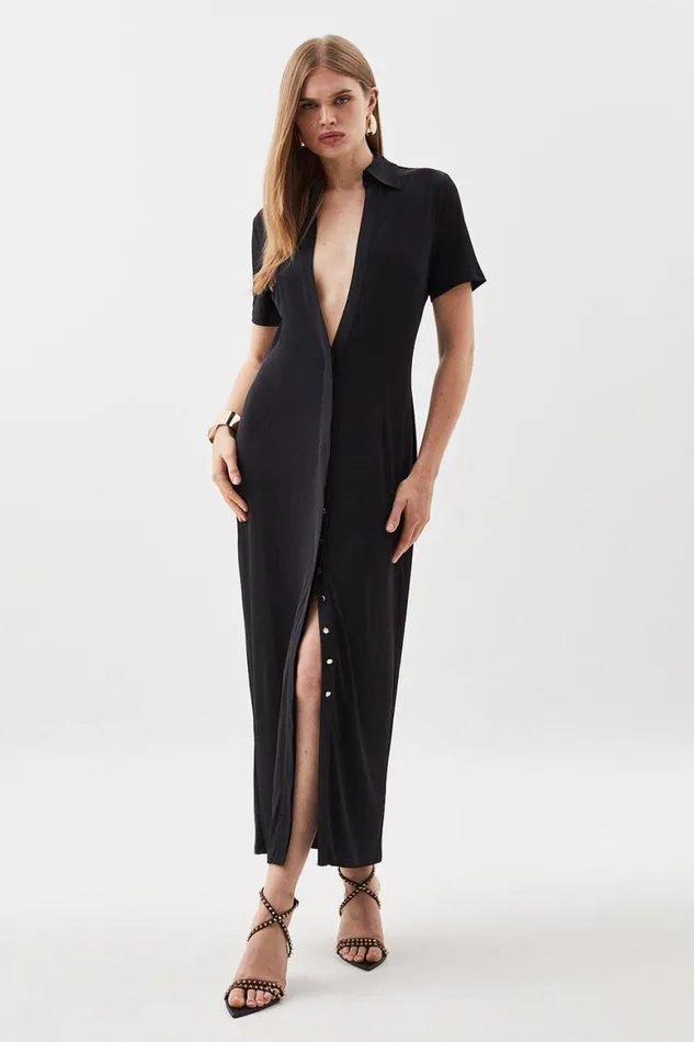 Dresses Women Karen Millen Jersey Crepe Plunge Woven Midi Dress Black