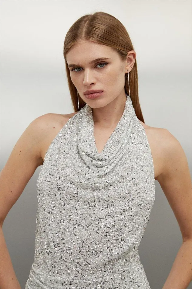 Dresses Women Karen Millen Jersey Sequin Cowl Neck Midi Dress Silver