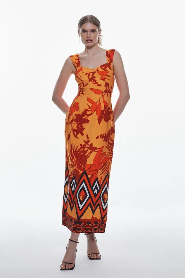 Dresses Women Karen Millen Linen Viscose Placed Boarder Print Woven Midi Dress Orange Dresses Women Karen Millen Linen Viscose Placed Boarder Print Woven Midi Dress Orange