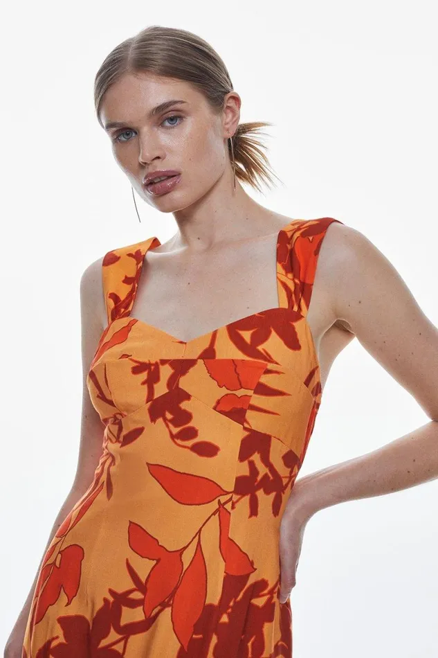 Dresses Women Karen Millen Linen Viscose Placed Boarder Print Woven Midi Dress Orange