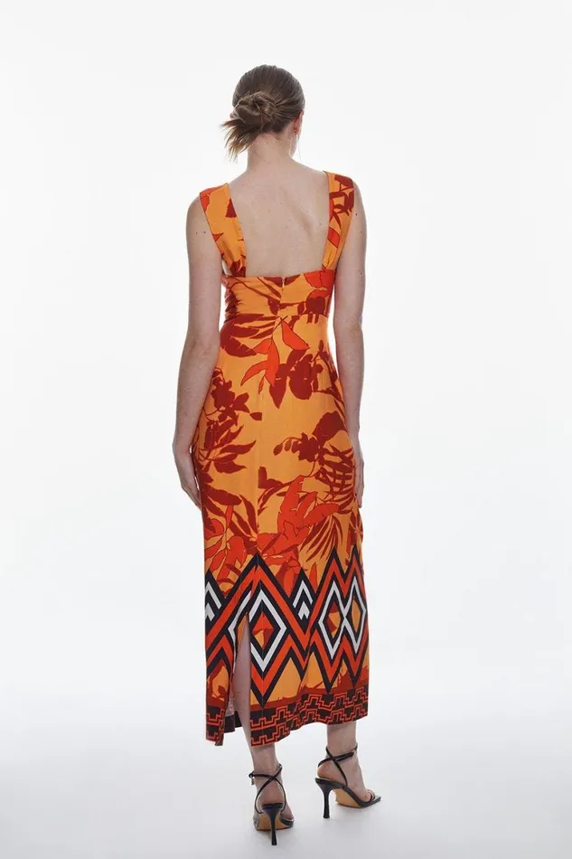 Dresses Women Karen Millen Linen Viscose Placed Boarder Print Woven Midi Dress Orange