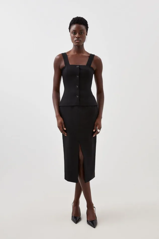 Dresses Women Karen Millen Linen Viscose Tailored Button Detail Pencil Midi Dress Black