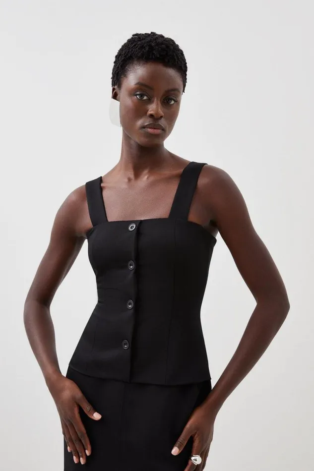 Dresses Women Karen Millen Linen Viscose Tailored Button Detail Pencil Midi Dress Black