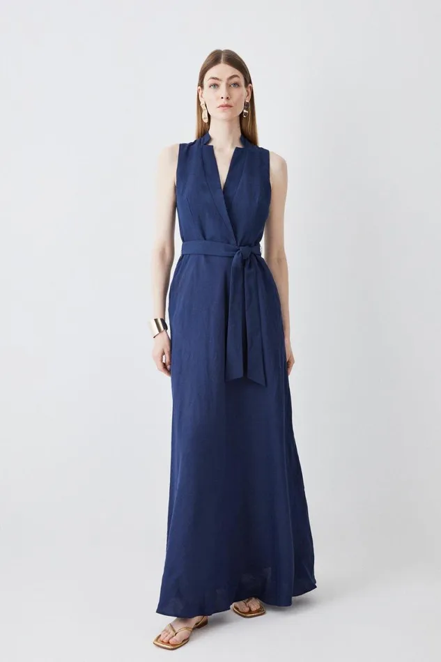 Dresses Women Karen Millen Linen Wrap Tie Waisted Maxi Dress Navy