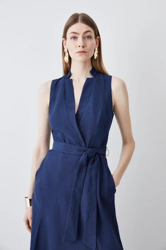Dresses Women Karen Millen Linen Wrap Tie Waisted Maxi Dress Navy