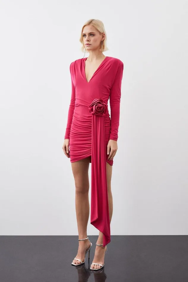 Dresses Women Karen Millen Long Sleeve Drapey Ruched Jersey Rosette Mini Dress Pink Dresses Women Karen Millen Long Sleeve Drapey Ruched Jersey Rosette Mini Dress Pink