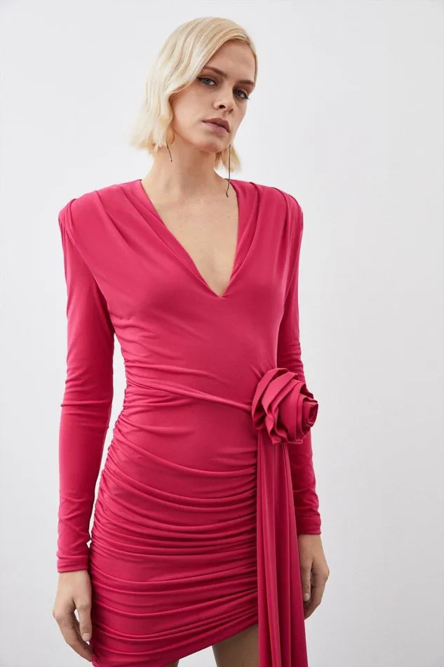 Dresses Women Karen Millen Long Sleeve Drapey Ruched Jersey Rosette Mini Dress Pink
