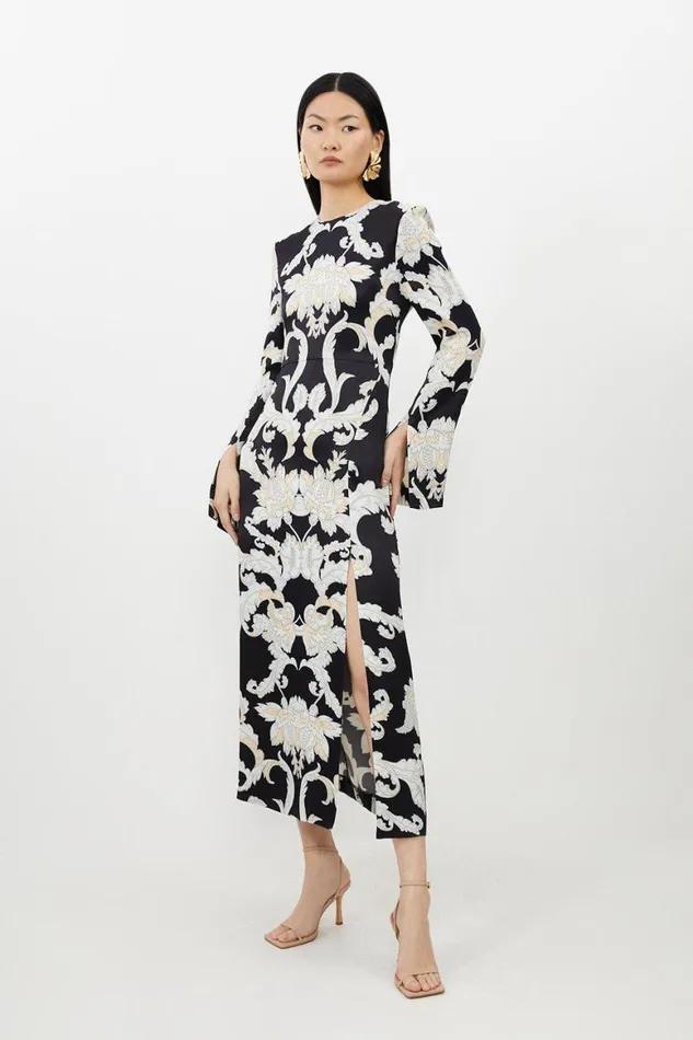 Dresses Women Karen Millen Mirrored Baroque Viscose Woven Midi Dress Black