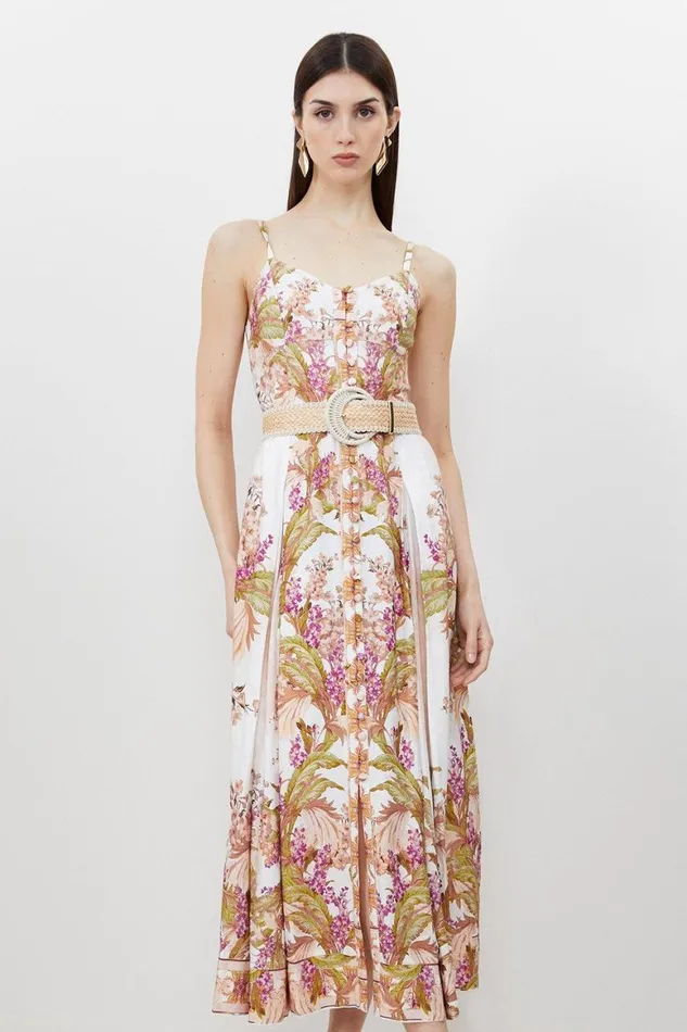 Dresses Women Karen Millen Mirrored Floral Viscose Linen Strappy Midaxi Dress Floral