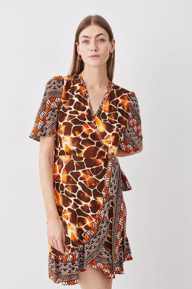 Dresses Women Karen Millen Mixed Animal Short Sleeve Mini Wrap Dress Animal