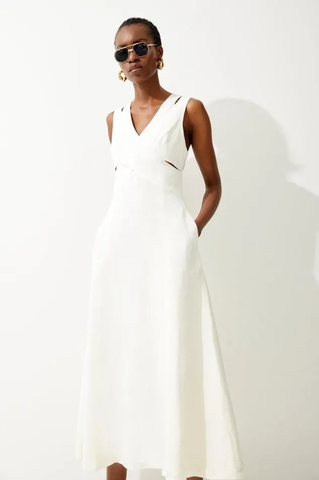 Dresses Women Karen Millen Open Back V Neck Woven Midi Dress Ivory