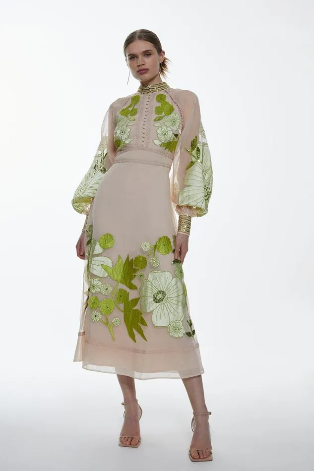 Dresses Women Karen Millen Organdie Applique Buttoned Woven Midi Dress Green