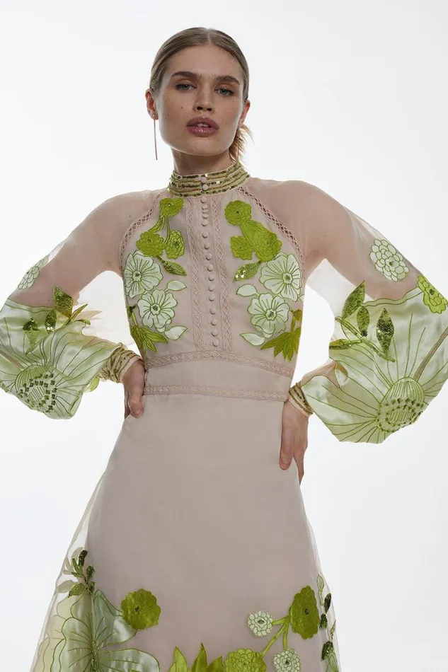 Dresses Women Karen Millen Organdie Applique Buttoned Woven Midi Dress Green