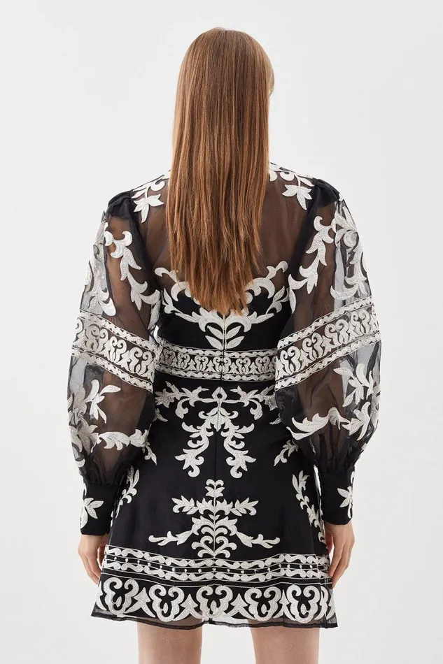 Dresses Women Karen Millen Petite Baroque Applique Woven Mini Dress Black