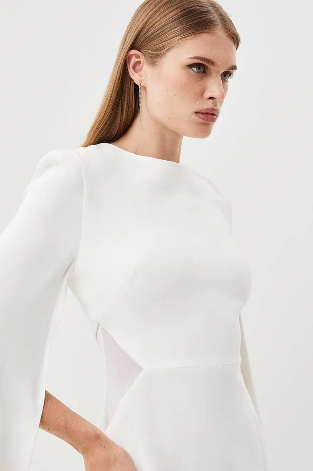 Dresses Women Karen Millen Petite Compact Stretch Viscose Cape Mesh Panel Tailored Midi Dress Ivory