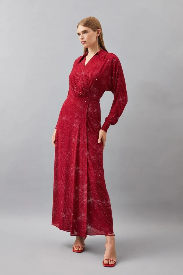 Dresses Women Karen Millen Petite Embellished Plunge Batwing Woven Maxi Dress Red Dresses Women Karen Millen Petite Embellished Plunge Batwing Woven Maxi Dress Red