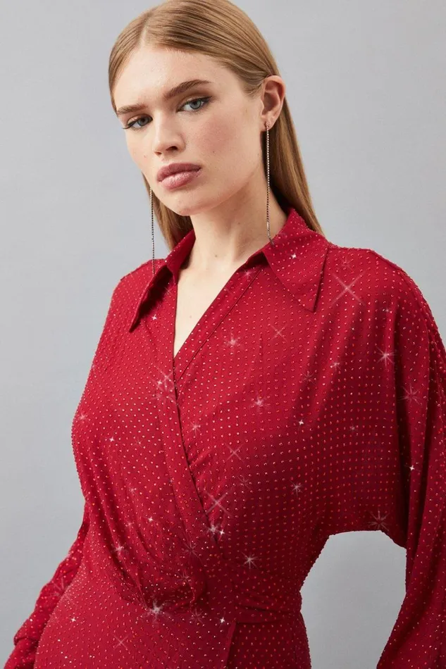 Dresses Women Karen Millen Petite Embellished Plunge Batwing Woven Maxi Dress Red