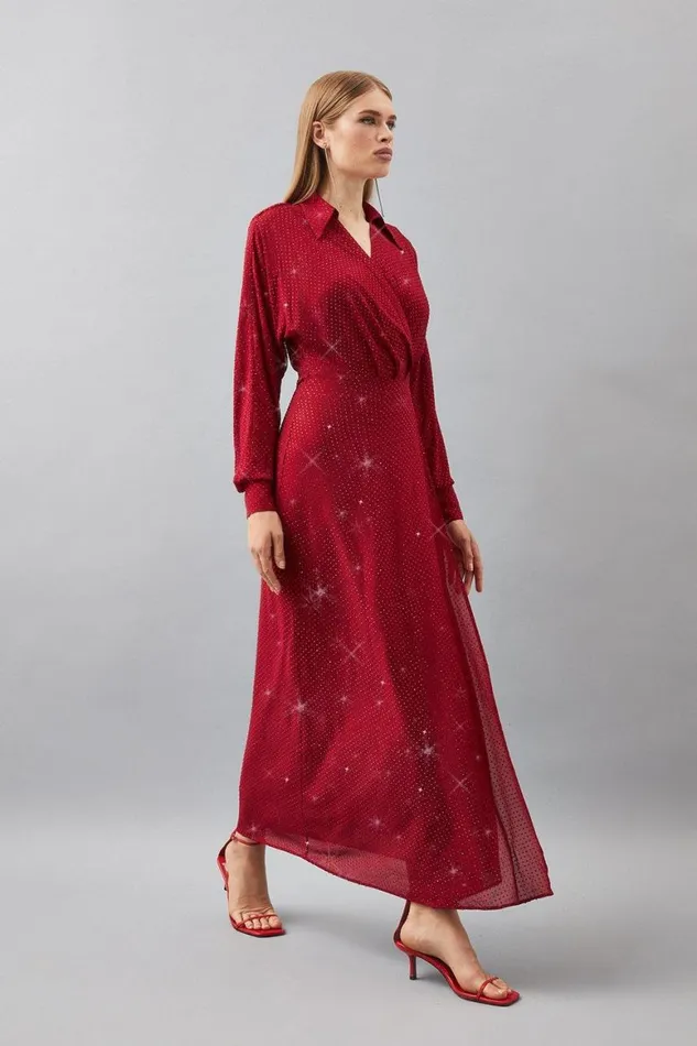 Dresses Women Karen Millen Petite Embellished Plunge Batwing Woven Maxi Dress Red