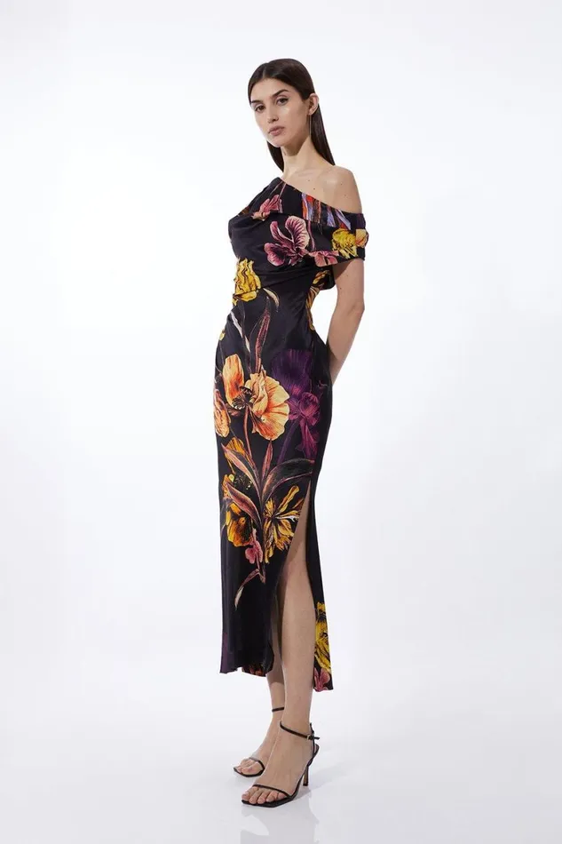 Dresses Women Karen Millen Petite Midnight Floral Satin Back Crepe Woven Maxi Dress Black
