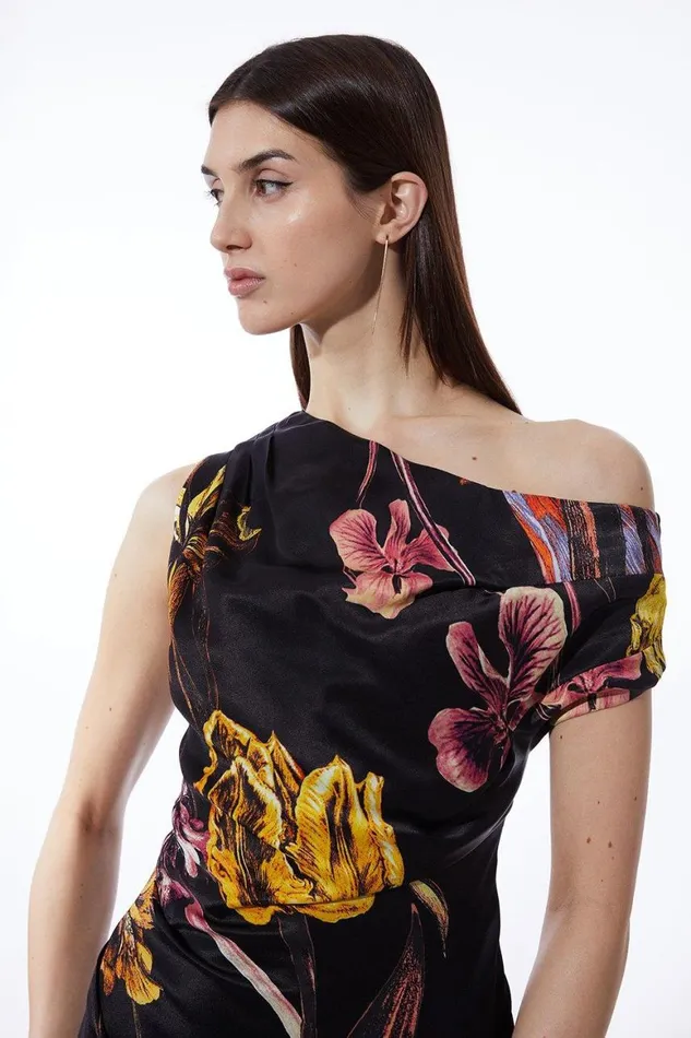 Dresses Women Karen Millen Petite Midnight Floral Satin Back Crepe Woven Maxi Dress Black