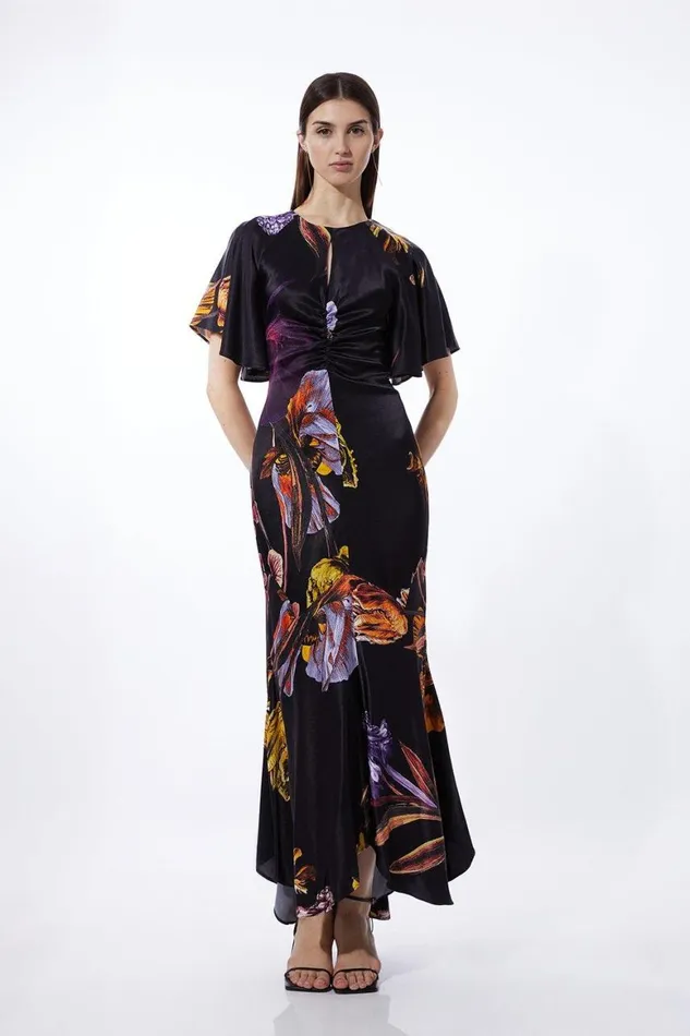 Dresses Women Karen Millen Petite Midnight Floral Satin Woven Angel Sleeve Maxi Dress Black Dresses Women Karen Millen Petite Midnight Floral Satin Woven Angel Sleeve Maxi Dress Black