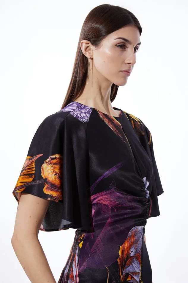 Dresses Women Karen Millen Petite Midnight Floral Satin Woven Angel Sleeve Maxi Dress Black