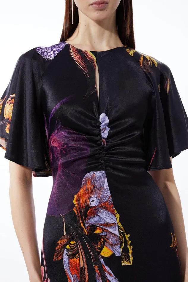 Dresses Women Karen Millen Petite Midnight Floral Satin Woven Angel Sleeve Maxi Dress Black