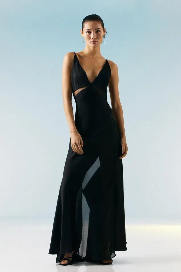 Dresses Women Karen Millen Petite Ooto Sheer Panelled Woven Maxi Dress Black