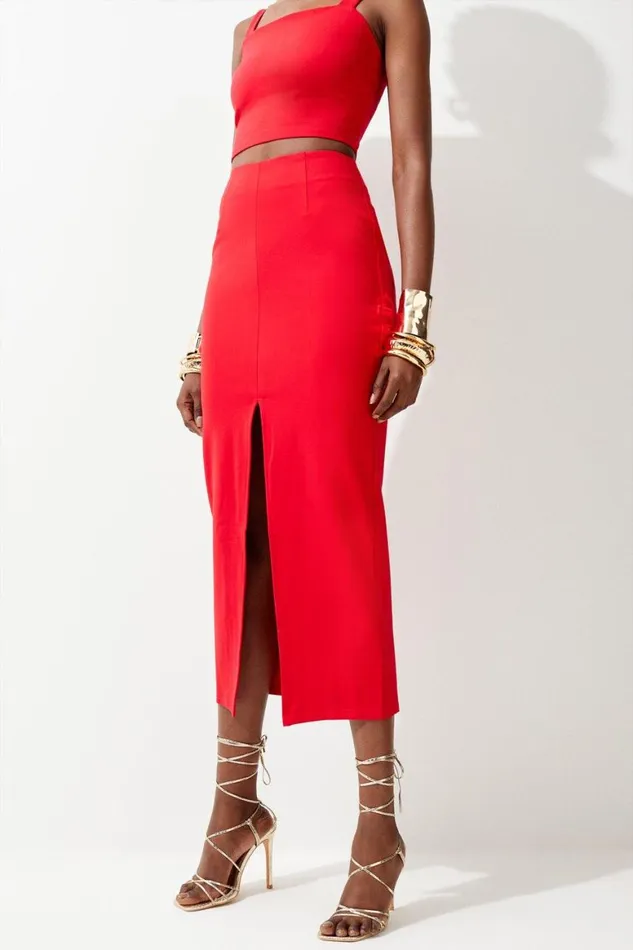 Dresses Women Karen Millen Petite Ponte Strappy Crop Top Split Front Skirt Jersey Set Red