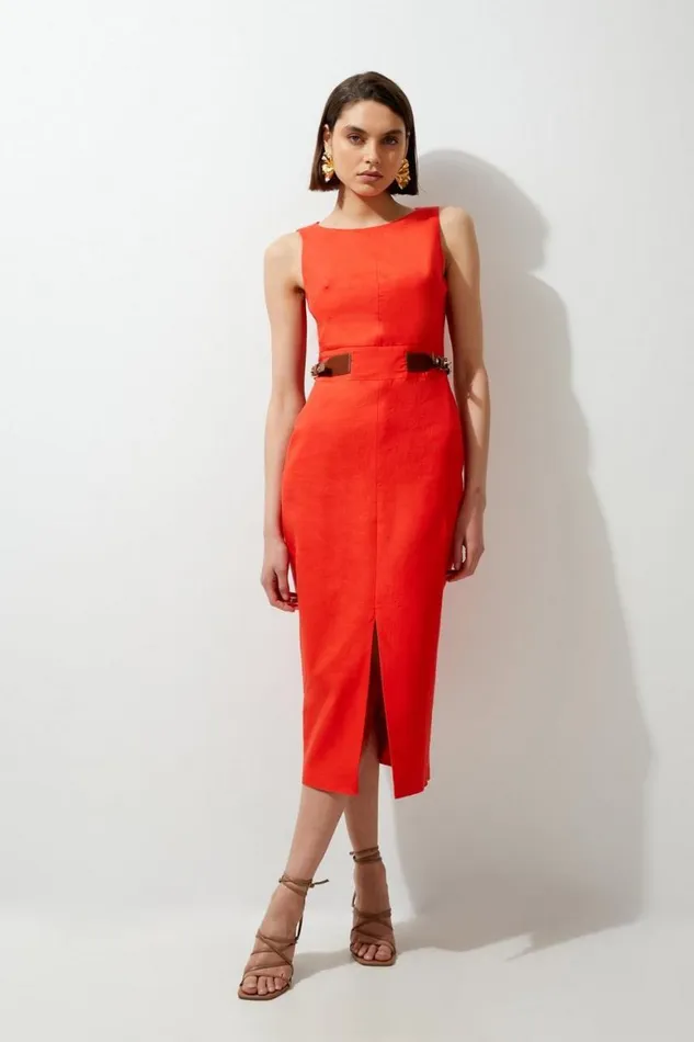 Dresses Women Karen Millen Petite Premium Tailored Linen PU Waist Tab Midi Dress Red