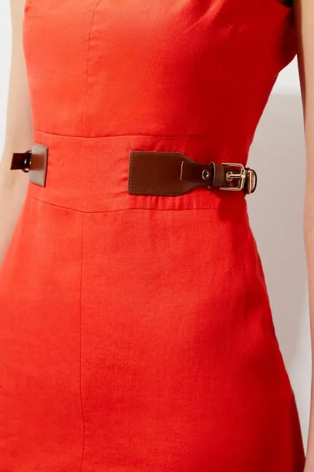 Dresses Women Karen Millen Petite Premium Tailored Linen PU Waist Tab Midi Dress Red