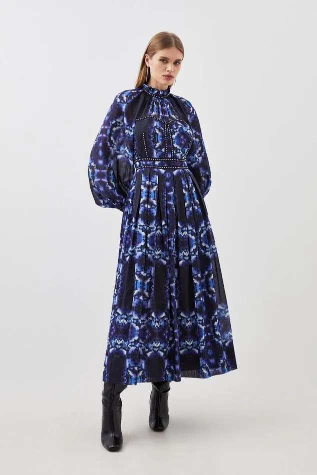 Dresses Women Karen Millen Petite Silk Cotton Border Print Woven Midi Dress Blue Dresses Women Karen Millen Petite Silk Cotton Border Print Woven Midi Dress Blue