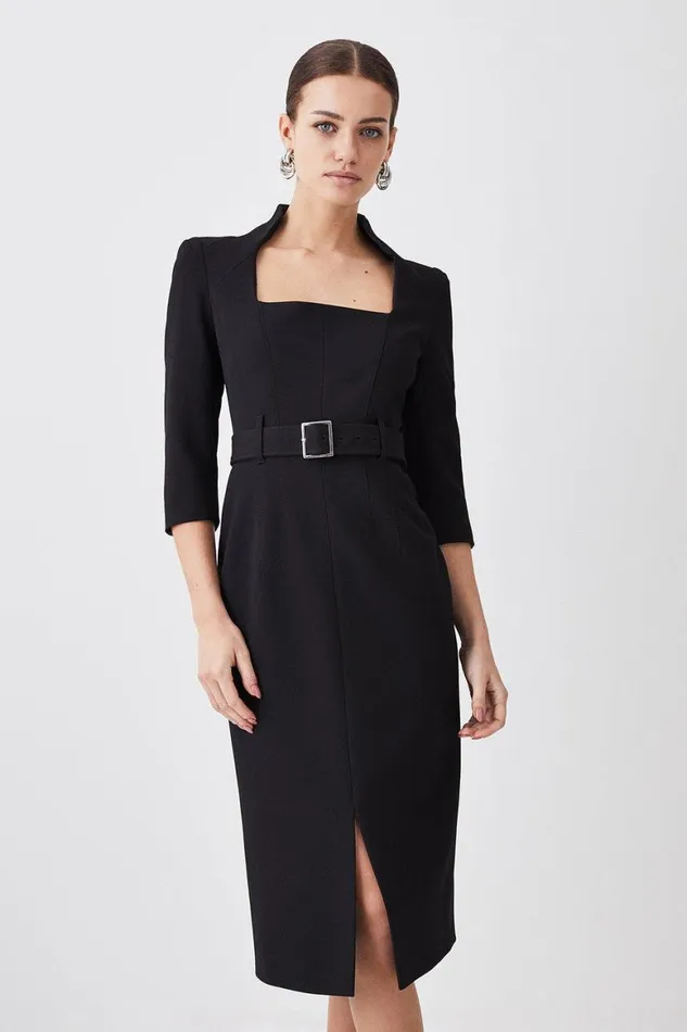 Dresses Women Karen Millen Petite Structured Crepe Square Neck Split Front Midi Dress Black Dresses Women Karen Millen Petite Structured Crepe Square Neck Split Front Midi Dress Black
