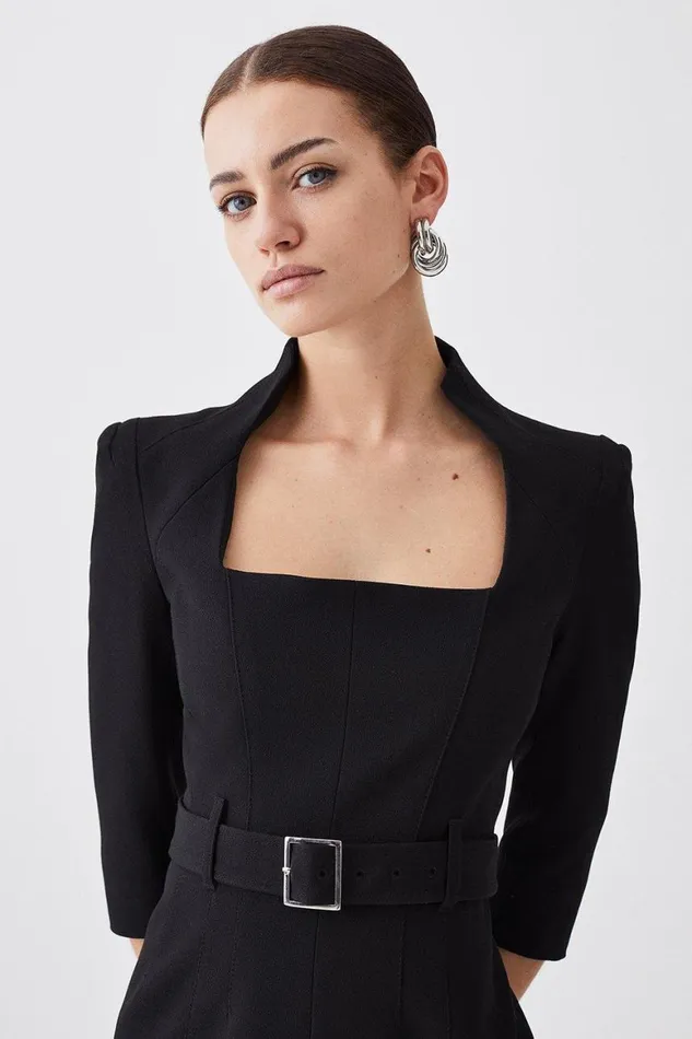 Dresses Women Karen Millen Petite Structured Crepe Square Neck Split Front Midi Dress Black
