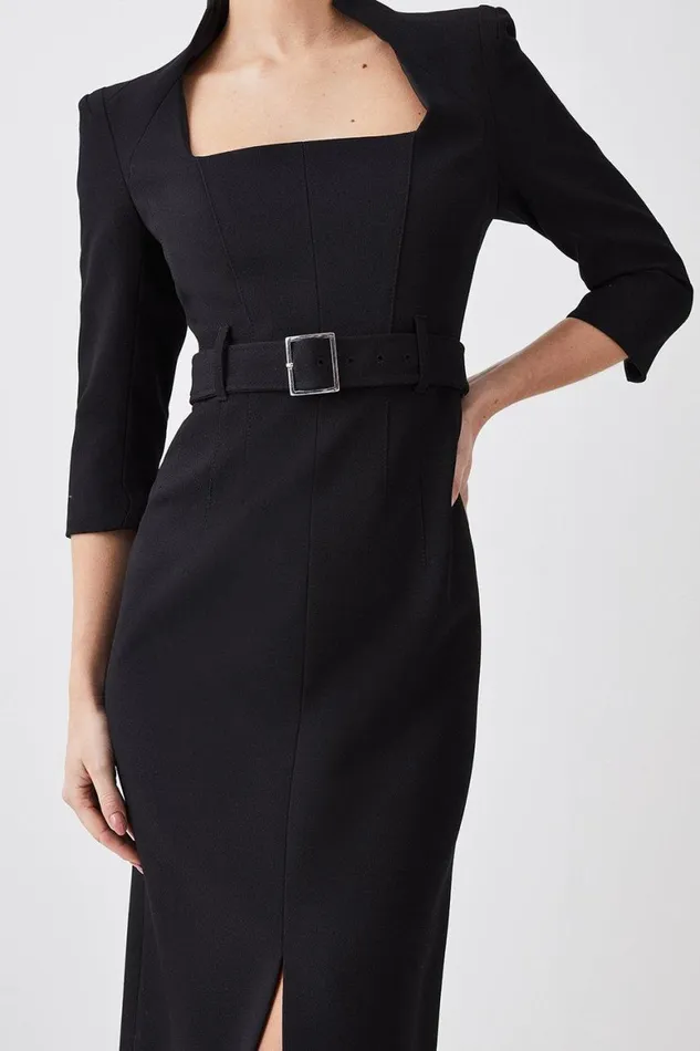 Dresses Women Karen Millen Petite Structured Crepe Square Neck Split Front Midi Dress Black