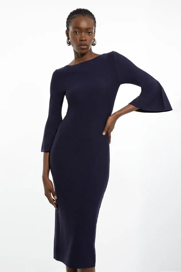 Dresses Women Karen Millen Petite Viscose Blend Look Knit Midi Dress With Fluted Sleeve Navy Dresses Women Karen Millen Petite Viscose Blend Look Knit Midi Dress With Fluted Sleeve Navy