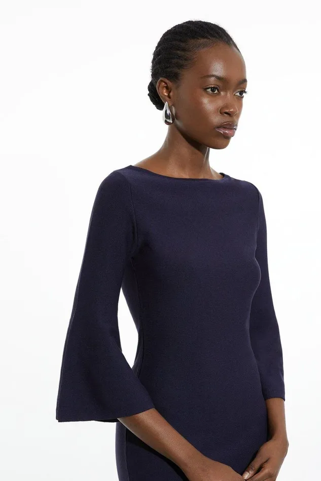 Dresses Women Karen Millen Petite Viscose Blend Look Knit Midi Dress With Fluted Sleeve Navy
