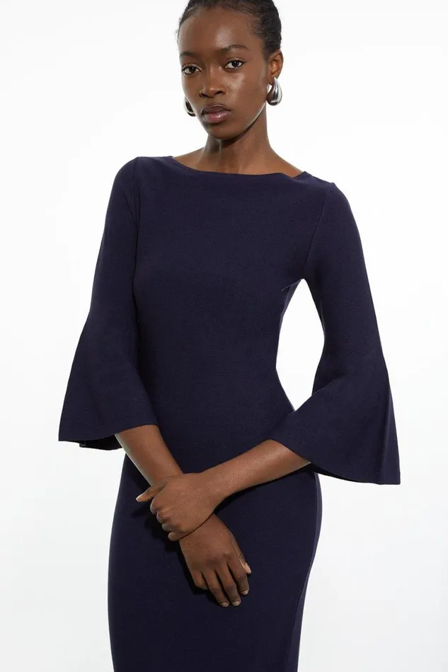 Dresses Women Karen Millen Petite Viscose Blend Look Knit Midi Dress With Fluted Sleeve Navy