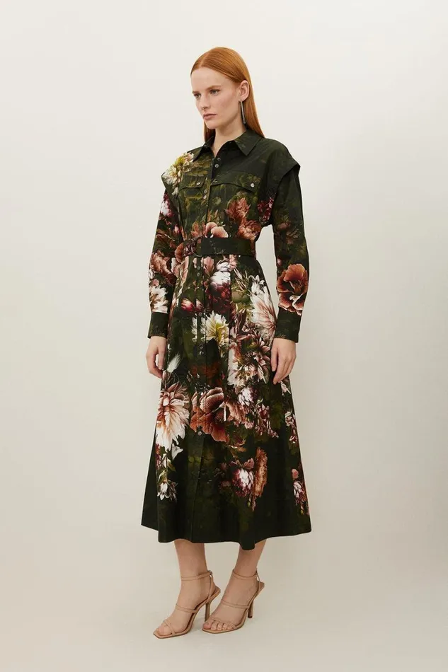 Dresses Women Karen Millen Placed Floral Cotton Sateen Shirt Dress Floral