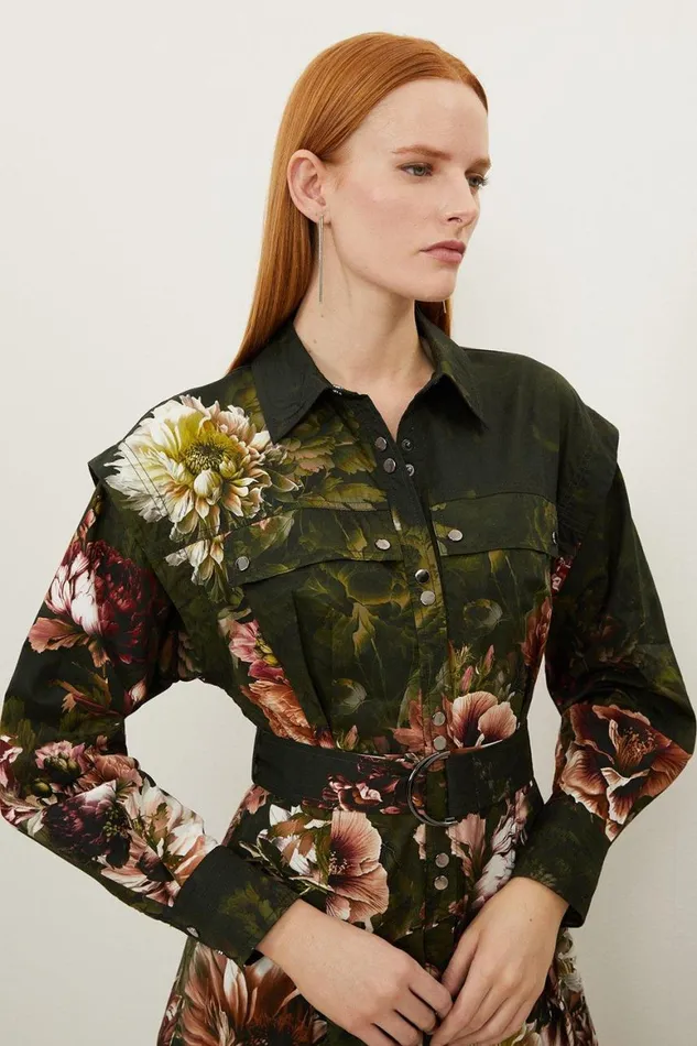 Dresses Women Karen Millen Placed Floral Cotton Sateen Shirt Dress Floral
