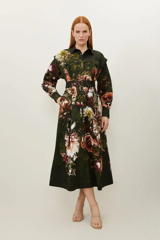 Dresses Women Karen Millen Placed Floral Cotton Sateen Shirt Dress Floral
