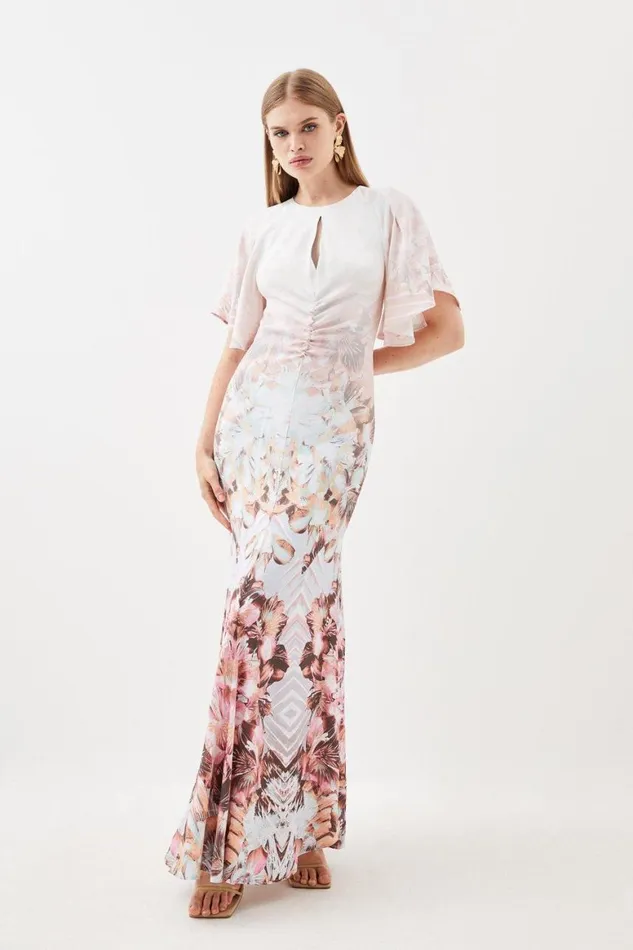 Dresses Women Karen Millen Placed Floral Ruched Angel Sleeved Woven Maxi Dress Floral Dresses Women Karen Millen Placed Floral Ruched Angel Sleeved Woven Maxi Dress Floral