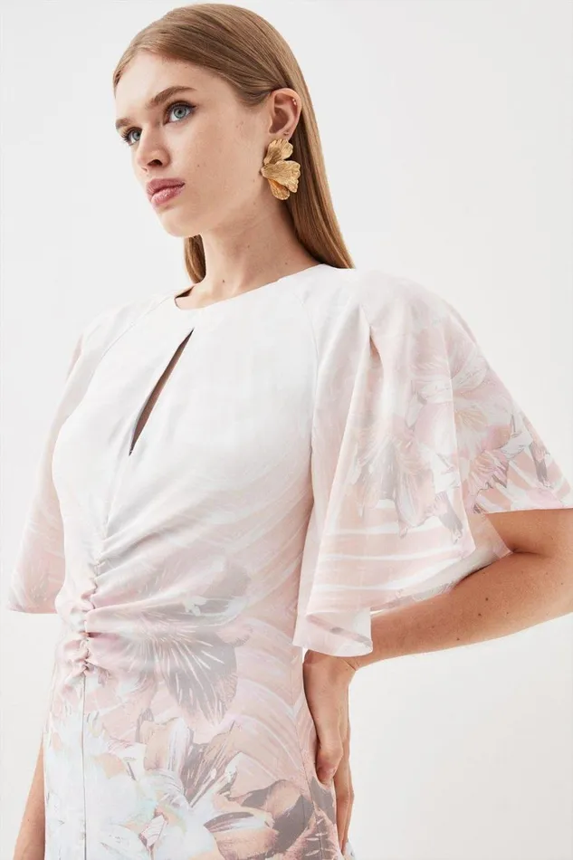 Dresses Women Karen Millen Placed Floral Ruched Angel Sleeved Woven Maxi Dress Floral