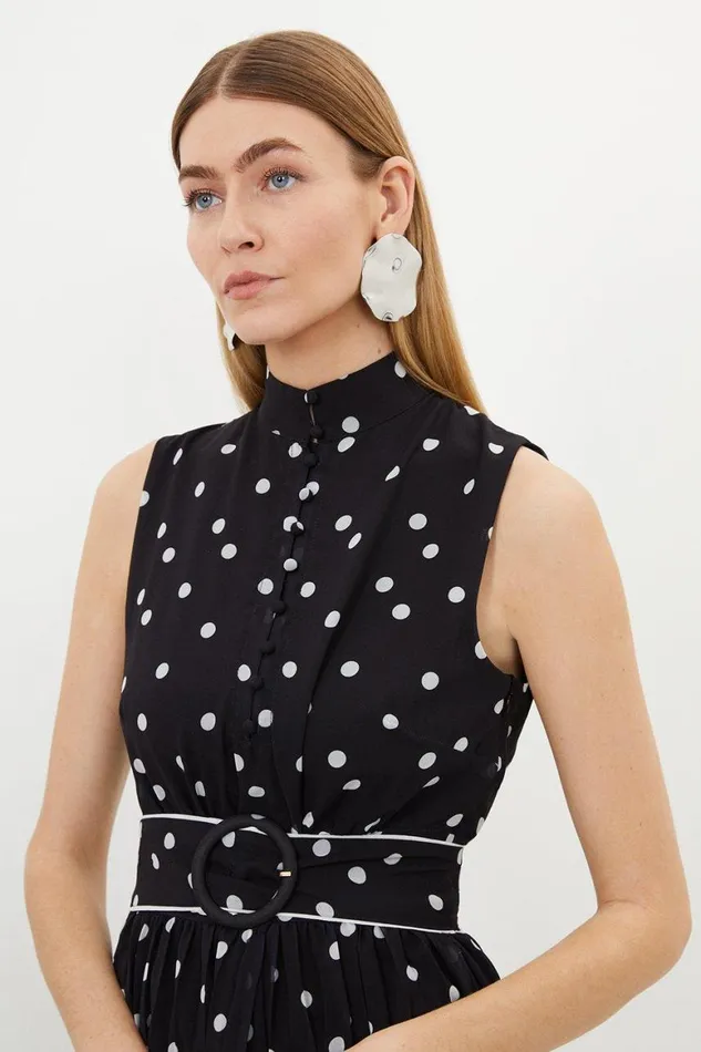 Dresses Women Karen Millen Pleated Contrast Georgette Spot Woven Maxi Dress Black