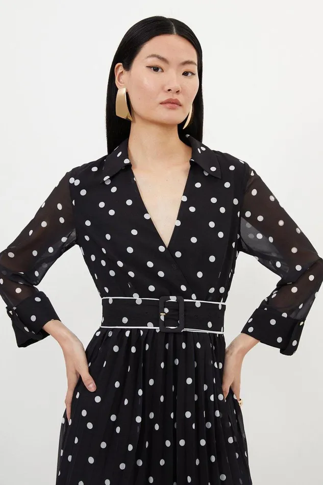 Dresses Women Karen Millen Pleated Contrast Georgette Spot Woven Midi Dress Black