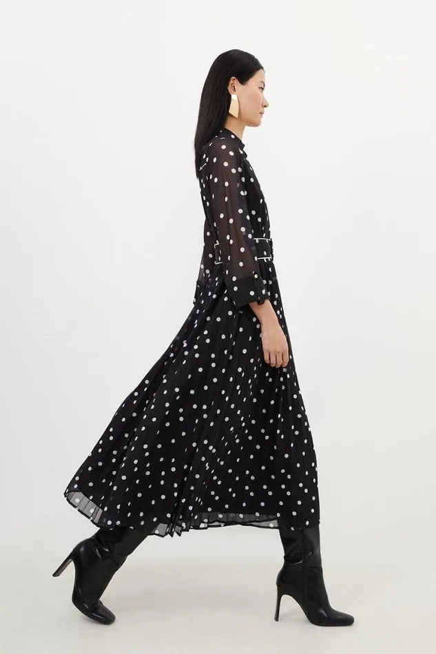 Dresses Women Karen Millen Pleated Contrast Georgette Spot Woven Midi Dress Black