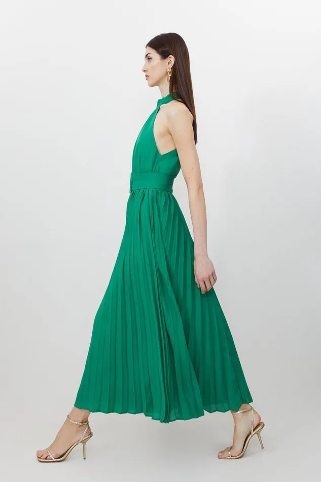 Dresses Women Karen Millen Pleated Georgette Belted Midi Dress Green