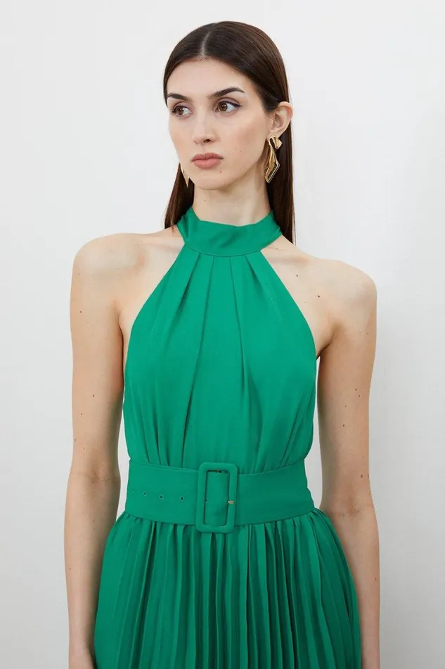 Dresses Women Karen Millen Pleated Georgette Belted Midi Dress Green