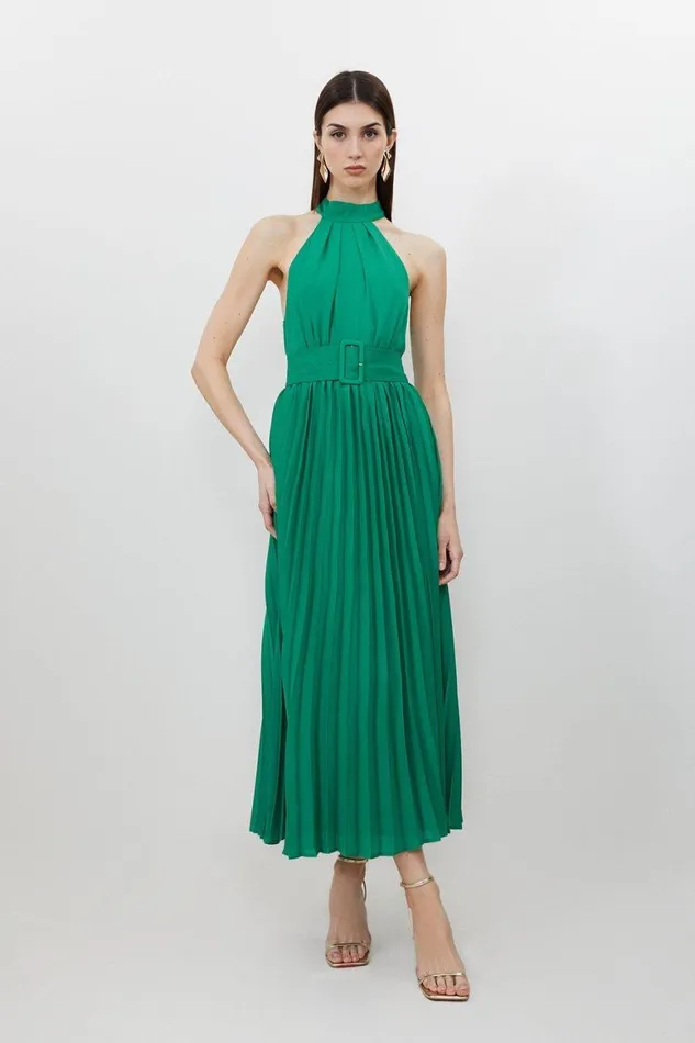 Dresses Women Karen Millen Pleated Georgette Belted Midi Dress Green