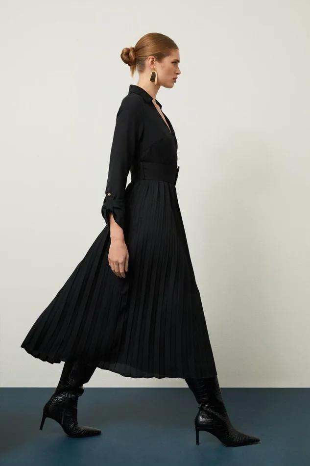 Dresses Women Karen Millen Pleated Georgette Woven Midi Dress Black